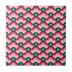 Deco Chinese Scallops, Coral Pink and Turquoise Ce Tile