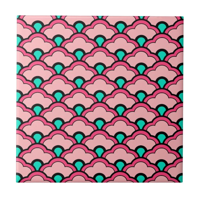 Deco Chinese Scallops, Coral Pink and Turquoise Ce Tile (Front)