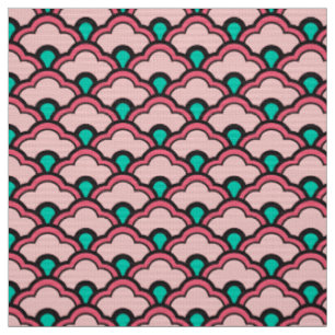 Deco Chinese Scallops, Coral Pink and Turquoise Fabric