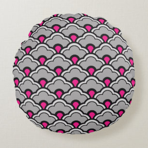 Deco Chinese Scallops, Grey / Grey, Black and Pink Round Pillow