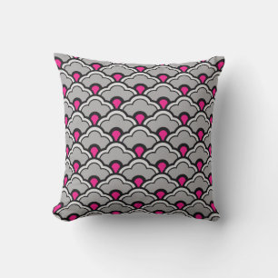 Deco Chinese Scallops, Grey / Grey, Black and Pink Throw Pillow