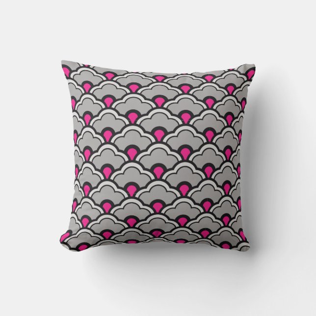 Deco Chinese Scallops, Grey / Grey, Black and Pink Throw Pillow (Front)