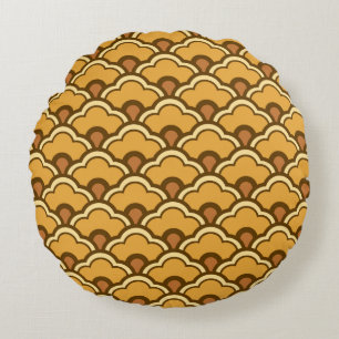 Deco Chinese Scallops, Mustard Gold and Brown Round Pillow