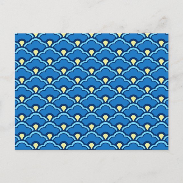 Deco Chinese Scallops, Ocean Blue and Indigo Postcard (Front)