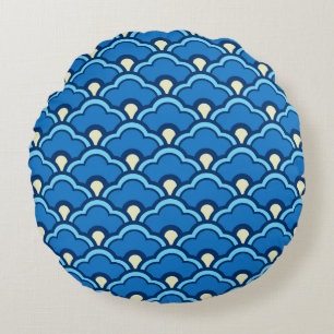 Deco Chinese Scallops, Ocean Blue and Indigo Round Pillow