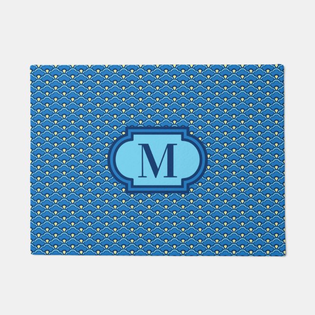 Deco Chinese Scallops, Ocean Blue with Monogram Doormat (Front)