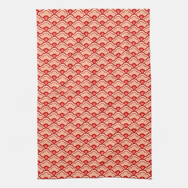 Deco Chinese Scallops, Peach, Rust and Cream Kitchen Towel (Vertical)