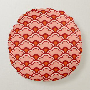 Deco Chinese Scallops, Peach, Rust and Cream Round Pillow