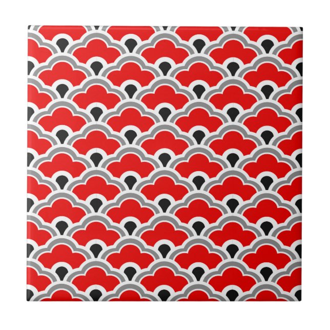 Deco Chinese Scallops, Red, Black and White Tile (Front)