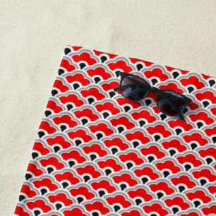 Deco Chinese Scallops, Red, Grey, Black and White Beach Towel