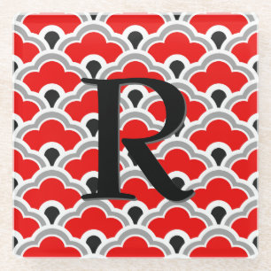 Deco Chinese Scallops, Red, Grey, Black and White Glass Coaster