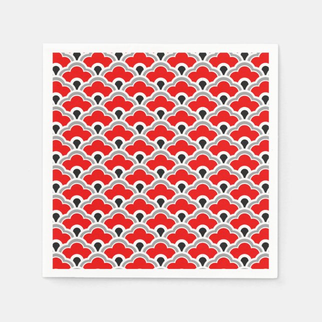 Deco Chinese Scallops, Red, Grey, Black and White Napkin (Front)