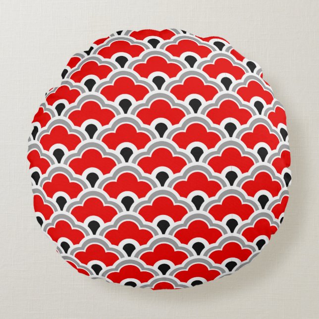 Deco Chinese Scallops, Red, Grey, Black and White Round Pillow (Front)