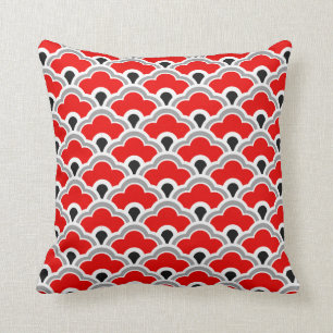 Deco Chinese Scallops, Red, Grey, Black and White Throw Pillow