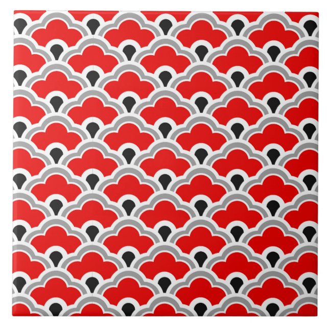 Deco Chinese Scallops, Red, Grey, Black and White Tile (Front)