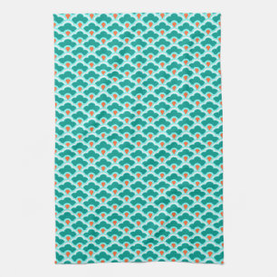 Deco Chinese Scallops, Teal, Aqua and Coral Kitchen Towel