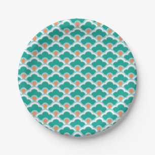 Deco Chinese Scallops, Teal, Aqua and Coral Paper Plate