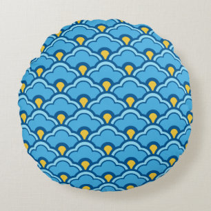 Deco Chinese Scallops, Turquoise and Aqua Round Pillow