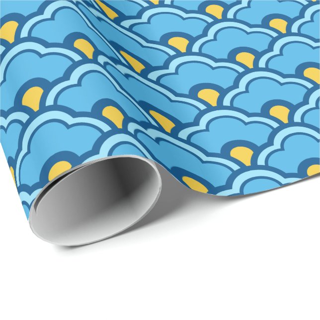 Deco Chinese Scallops, Turquoise and Aqua Wrapping Paper (Roll Corner)