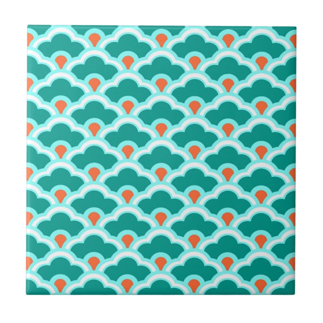 Deco Chinese Scallops, Turquoise and Coral  Tile (Front)