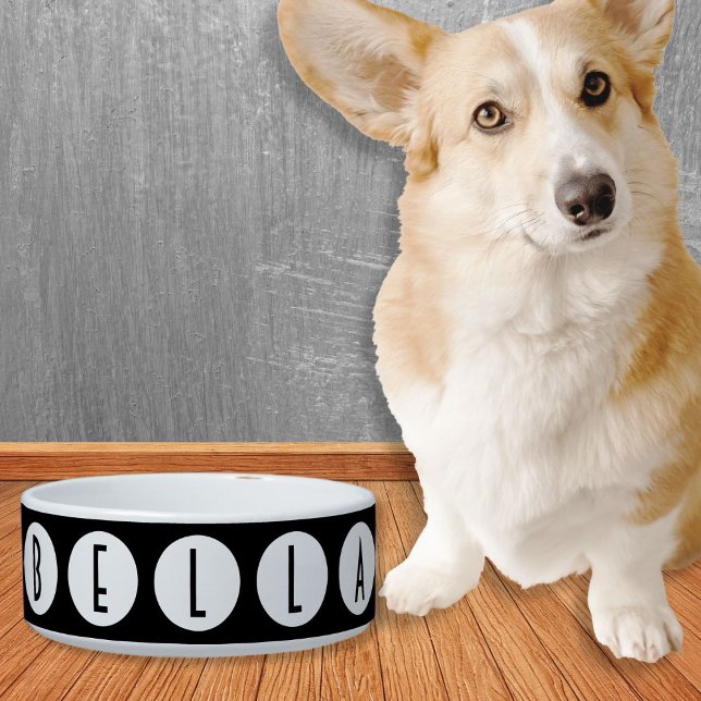 Deco Dots White on Black Personalized Text Pet Bowl (Creator Uploaded)