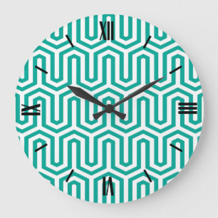 Deco Egyptian motif - turquoise and white Large Clock
