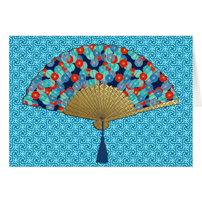 Deco Fan -  Flowers in Cobalt, Turquoise and Red (Front Horizontal)