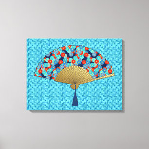 Deco Fan -  Flowers in Cobalt, Turquoise and Red Canvas Print