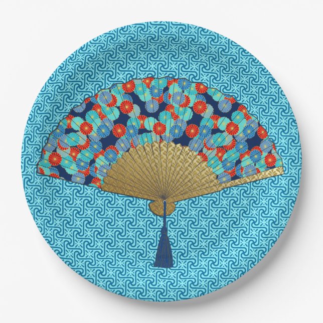 Deco Fan -  Flowers in Cobalt, Turquoise and Red Paper Plate (Front)
