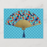 Deco Fan -  Flowers in Cobalt, Turquoise and Red