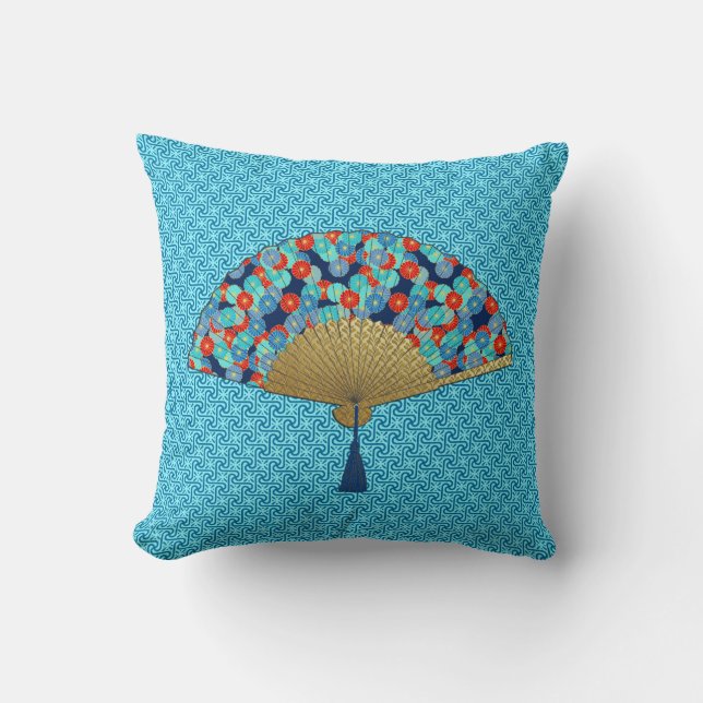 Deco Fan -  Flowers in Cobalt, Turquoise and Red Throw Pillow (Front)