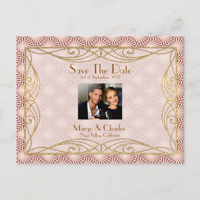Deco Glam Gold Pink Shell Save The Date Wedding Announcement Postcard (Front)