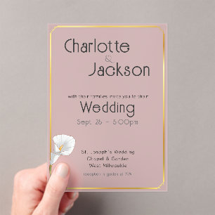 Deco Gold Framed Vintage Lily Pink Wedding Frosted Acrylic Invitations