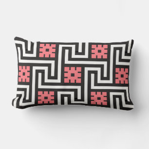 Deco Greek Key, Black, White and Coral Pink Lumbar Pillow