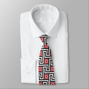 Deco Greek Key, Black, White and Coral Pink Tie
