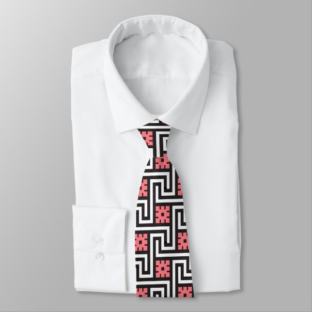Deco Greek Key, Black, White and Coral Pink Tie (Tied)