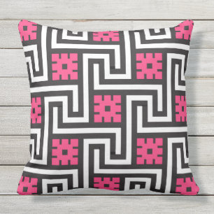 Deco Greek Key, Black, White and Fuchsia Pink Throw Pillow