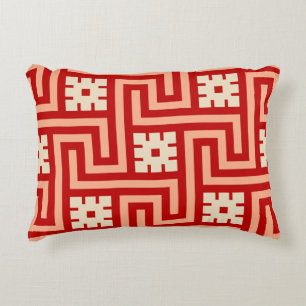 Deco Greek Key, Coral Orange and Beige Decorative Pillow