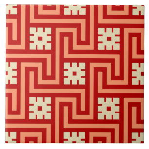 Deco Greek Key, Coral Orange and Cream Tile
