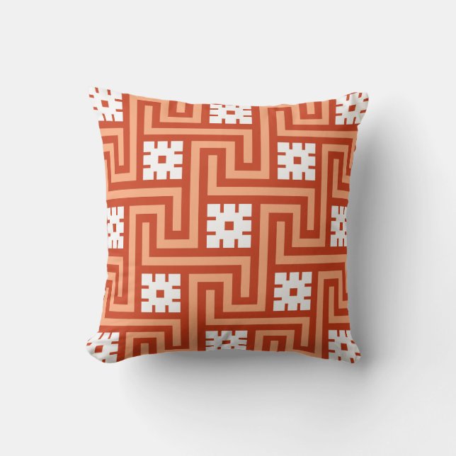 Deco Greek Key, Coral Orange and White Throw Pillow (Front)