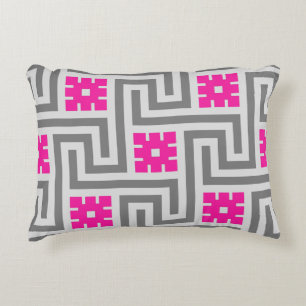 Deco Greek Key, Grey / Grey and Fuchsia Pink Decorative Pillow