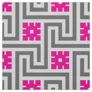 Deco Greek Key, Grey / Grey and Fuchsia Pink Fabric