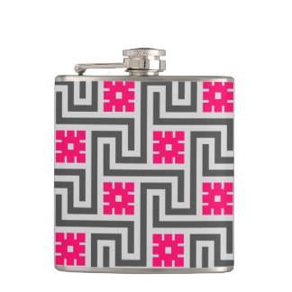 Deco Greek Key, Grey / Grey and Fuchsia Pink Hip Flask