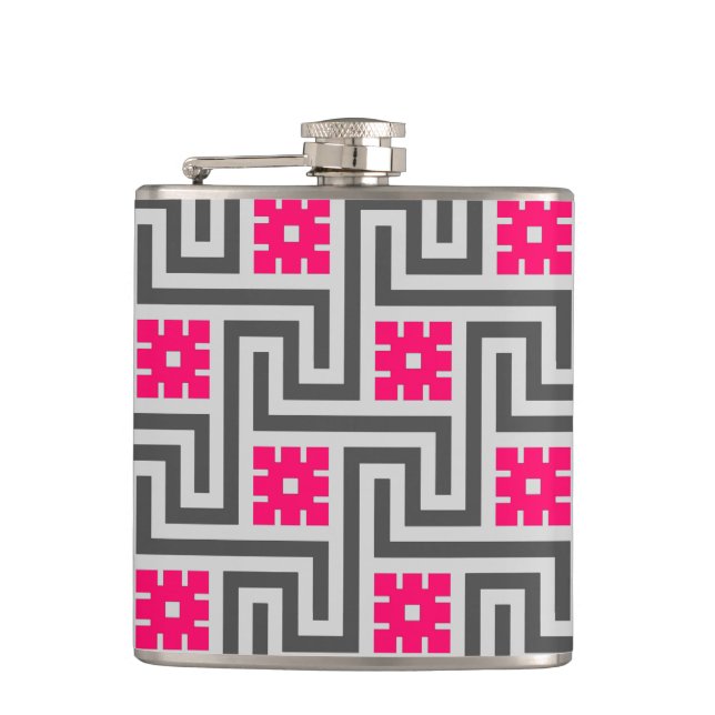 Deco Greek Key, Grey / Grey and Fuchsia Pink Hip Flask (Front)