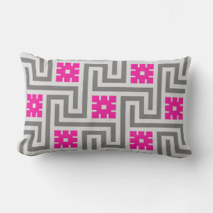 Deco Greek Key, Grey / Grey and Fuchsia Pink Lumbar Pillow