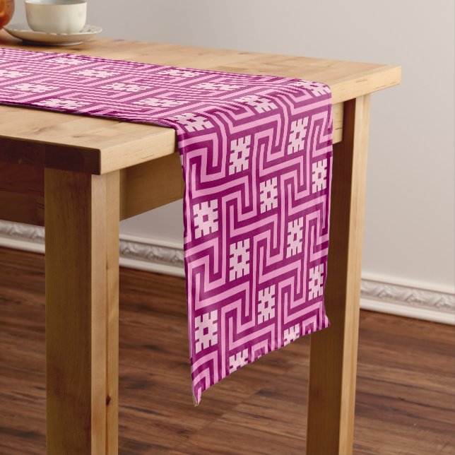 Deco Greek Key, Pink and Burgundy Short Table Runner (In Situ)