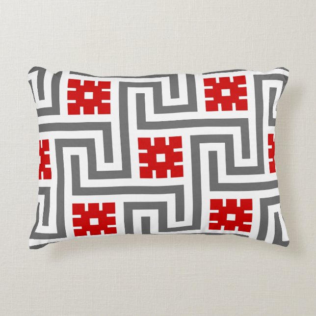 Deco Greek Key, Red, White and Grey / Grey Accent Pillow (Front)
