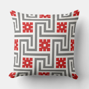 Deco Greek Key, Red, White and Grey / Grey Throw Pillow