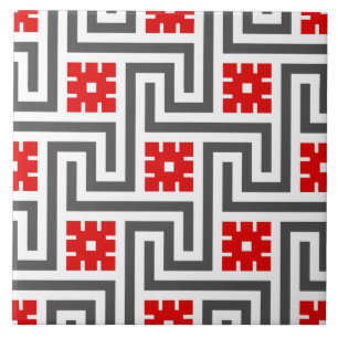 Deco Greek Key, Red, White and Grey / Grey Tile