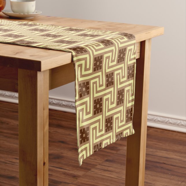 Deco Greek Key, Tan, Brown and Yellow Short Table Runner (In Situ)